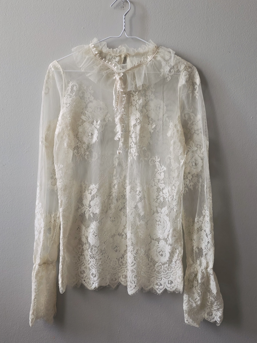 Y2k Vintage Sheer Lace Ruffle-Neck Blouse - Cream